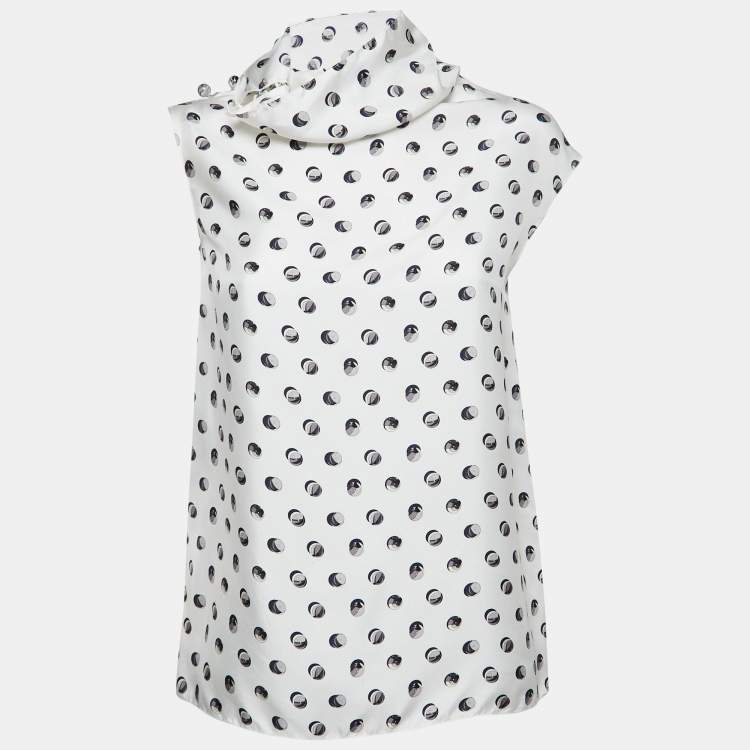 Pre Owned Hermes White Printed Twill Silk Cowl Neck Top S
