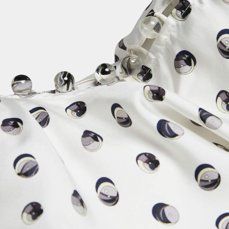 Pre Owned Hermes White Printed Twill Silk Cowl Neck Top S