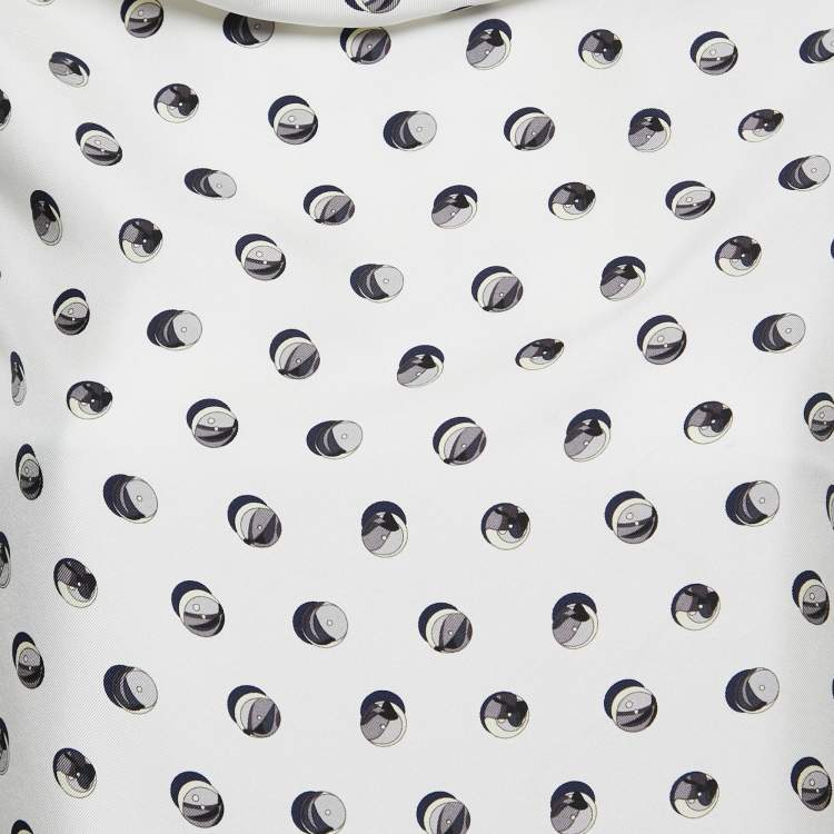 Pre Owned Hermes White Printed Twill Silk Cowl Neck Top S
