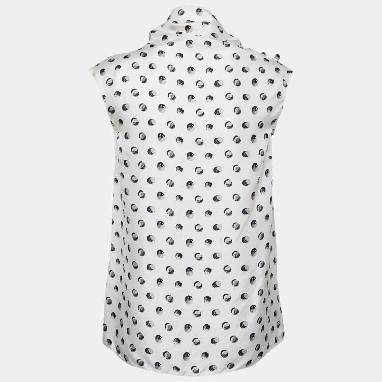 Pre Owned Hermes White Printed Twill Silk Cowl Neck Top S