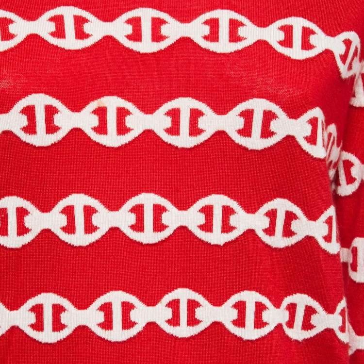 Pre Owned Hermes Red Patterned Cashmere & Silk Crew Neck Jumper L