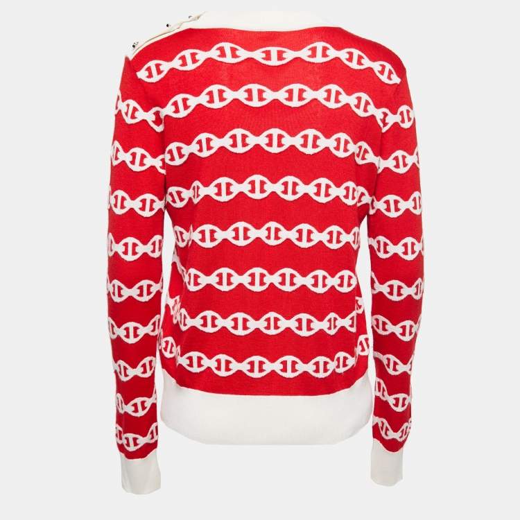 Pre Owned Hermes Red Patterned Cashmere & Silk Crew Neck Jumper L