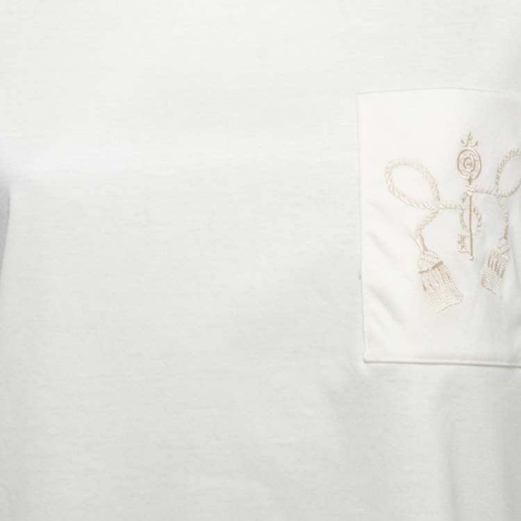 Pre Owned Hermes Cream Cotton Embroidered Pocket T-Shirt M