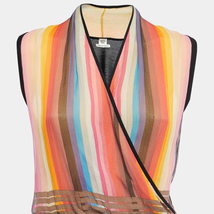 Pre Owned Hermes Multicolor Striped Silk Wrap Effect Sleeveless Knit Top M