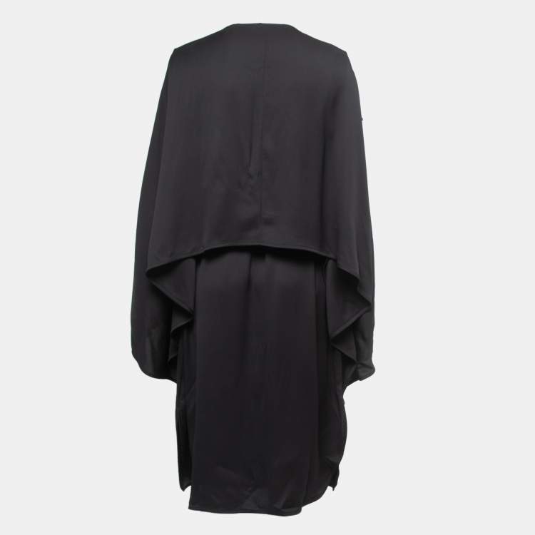 Pre Owned Hermes Black Crepe Cape Effect Belted Midi Dress M