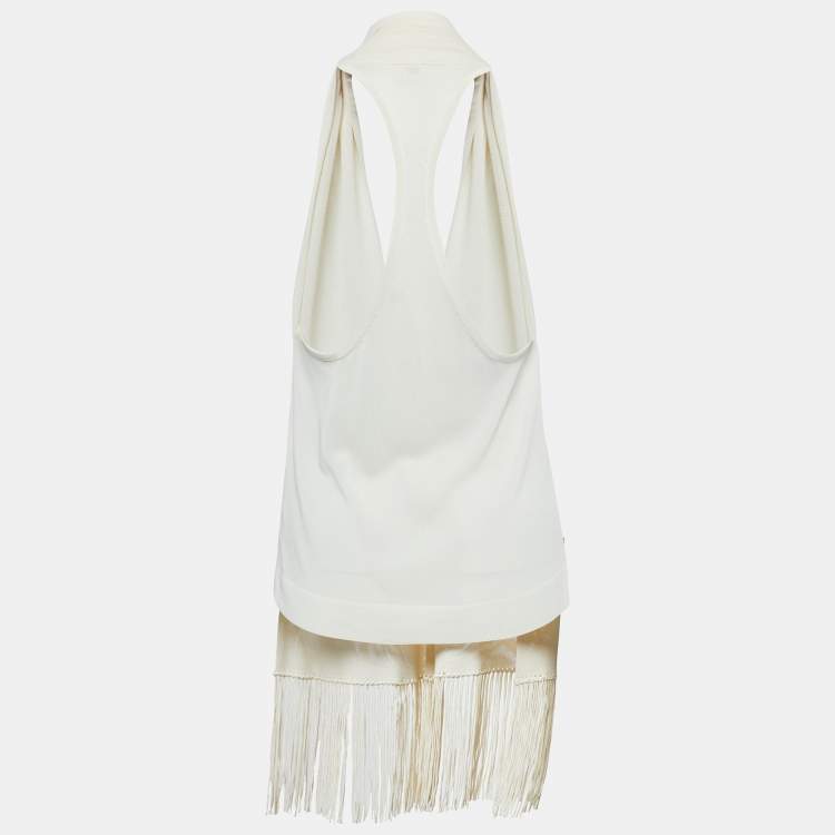 Pre Owned Hermes Cream Knit Button Front Fringed Sleeveless Cardigan S