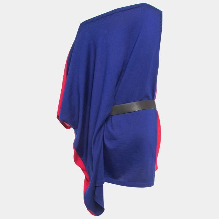 Pre Owned Hermes Red/Blue Silk & Cashmere Knit Belted Asymmetric Dress M