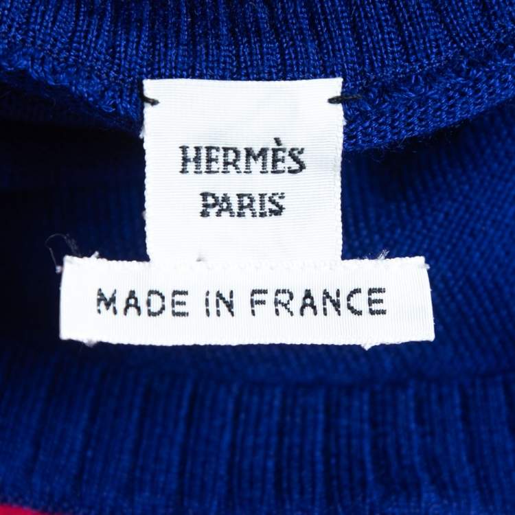 Pre Owned Hermes Red/Blue Silk & Cashmere Knit Belted Asymmetric Dress M