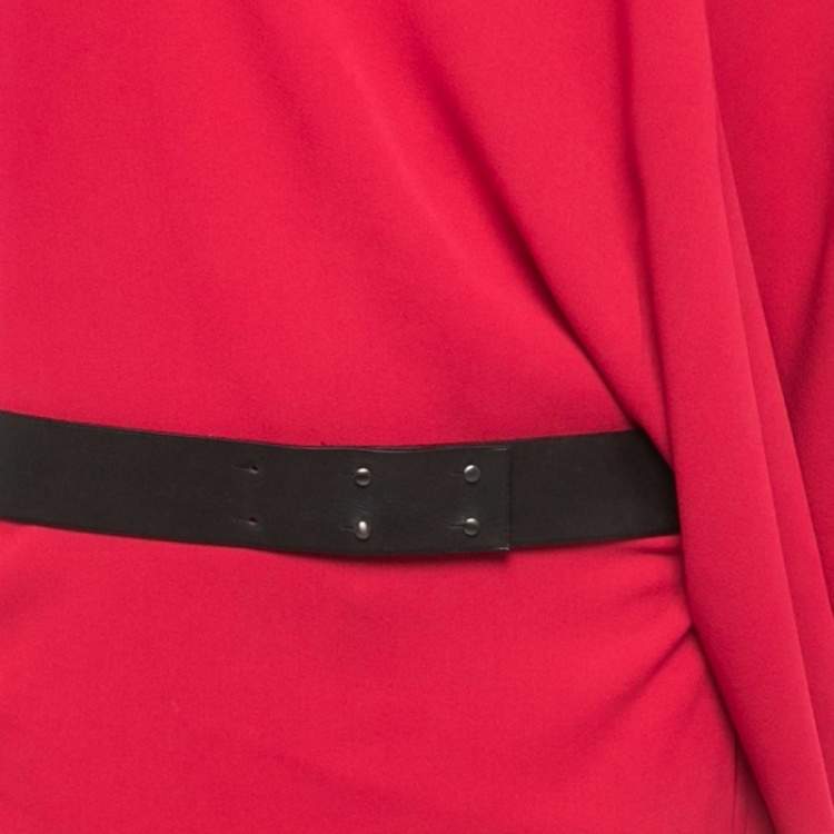 Pre Owned Hermes Red/Blue Silk & Cashmere Knit Belted Asymmetric Dress M
