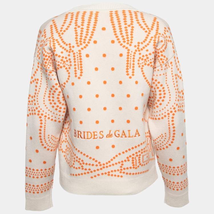 Pre Owned Hermès Cream/Orange Embroidered Cashmere Blend Button Front Cardigan S