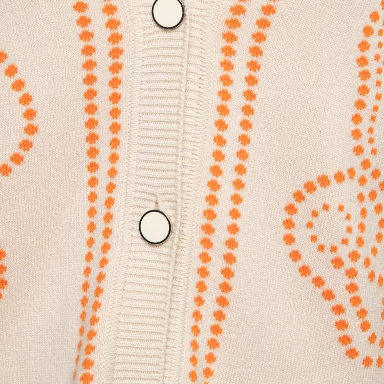Pre Owned Hermès Cream/Orange Embroidered Cashmere Blend Button Front Cardigan S