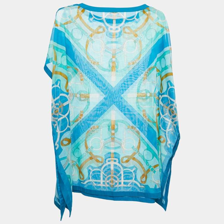 Pre Owned Hermes Blue Belt Print Cotton Side Buttoned Kaftan Tunic Top One Size