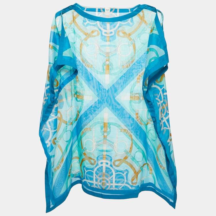 Pre Owned Hermes Blue Belt Print Cotton Side Buttoned Kaftan Tunic Top One Size
