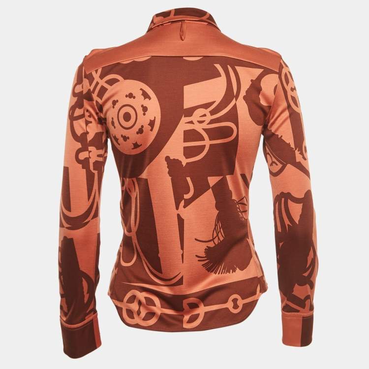 Pre Owned Hermes Red/Brown Printed Jersey Shirt S