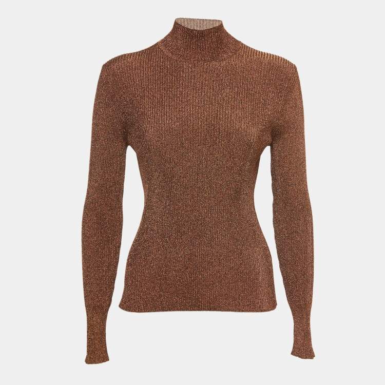 Pre Owned Hermès  Brown Lurex Knit Turtle Neck Long Sleeve Top M