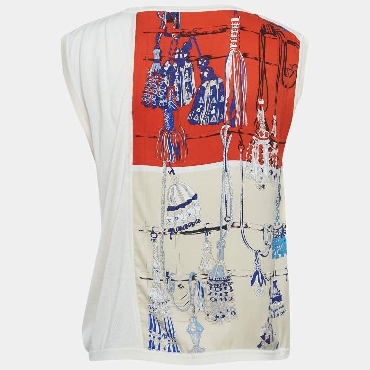 Pre Owned Hermès Cream Print Silk Knit Sleeveless Top M