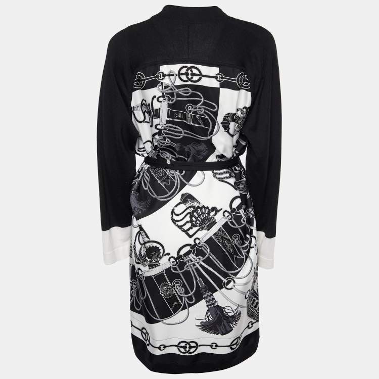 Pre Owned Hermes Black/White Printed Silk & Knit Belted Cardigan M