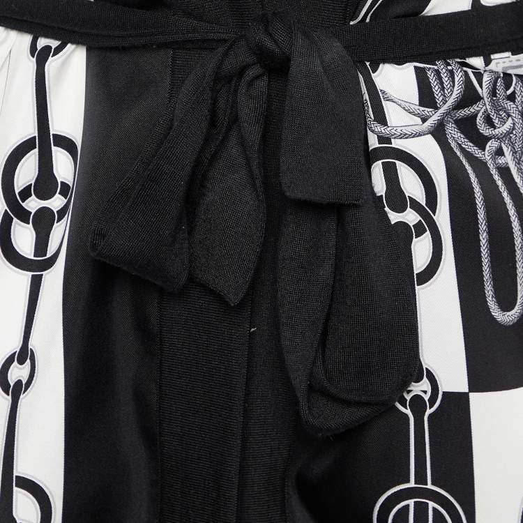 Pre Owned Hermes Black/White Printed Silk & Knit Belted Cardigan M