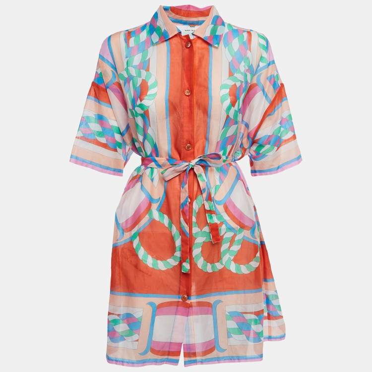 Pre Owned Hermès Multicolor Printed Cotton Canoe Pareo Tunic Dress S