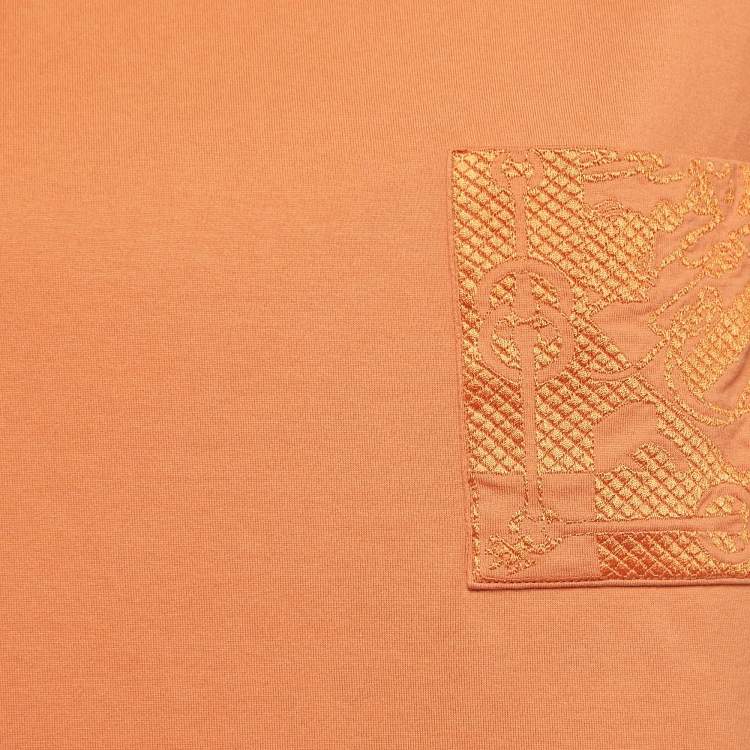 Pre Owned Hermes Orange Cotton Embroidered Pocket Short Sleeve T-Shirt M