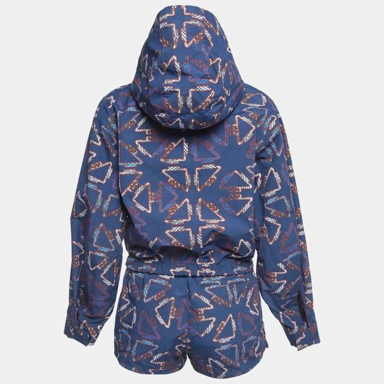 Pre Owned Hermès Blue Printed Nylon Hooded Jacket and Shorts Set S