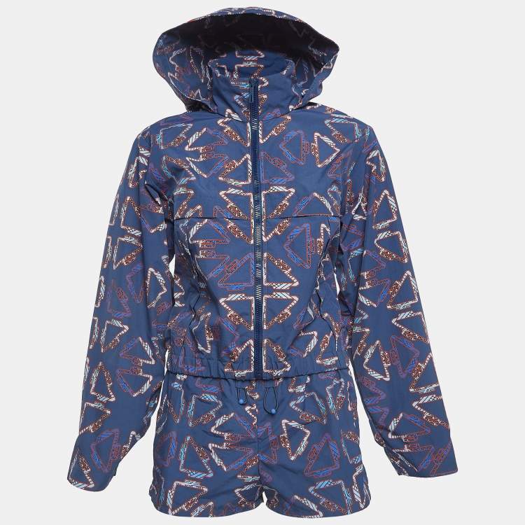 Pre Owned Hermès Blue Printed Nylon Hooded Jacket and Shorts Set S