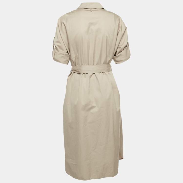 Pre Owned Hermès  Beige Logo Embroidered Cotton Belted Midi Shirt Dress M