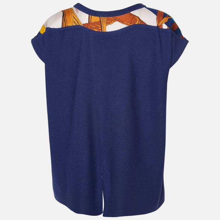 Pre Owned Hermes Navy Blue Coaching Print Silk & Knit Crew Neck Top S