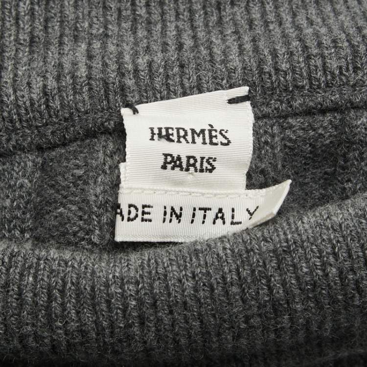 Pre Owned Hermes Grey Patterned Wool Blend Knit Drawstring Joggers L