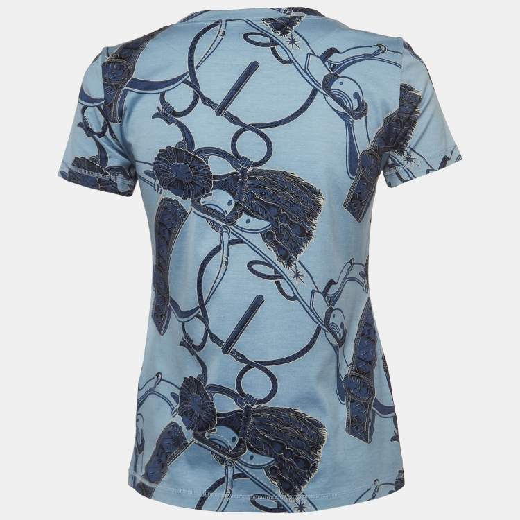 Pre Owned Hermès Blue Printed Cotton Crew Neck T-Shirt S