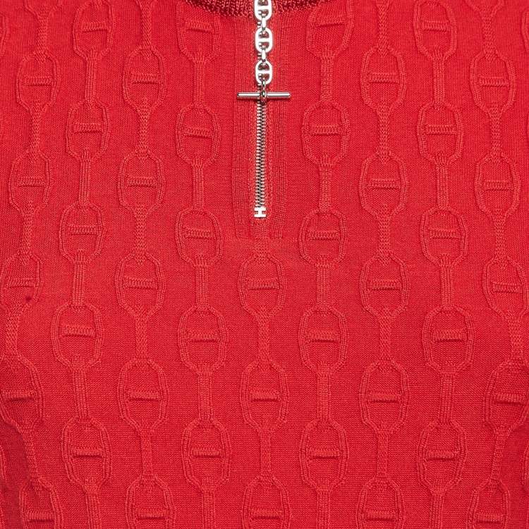 Pre Owned Hermès Red Textured Knit  Chaines d' Ancre Zipper Top S