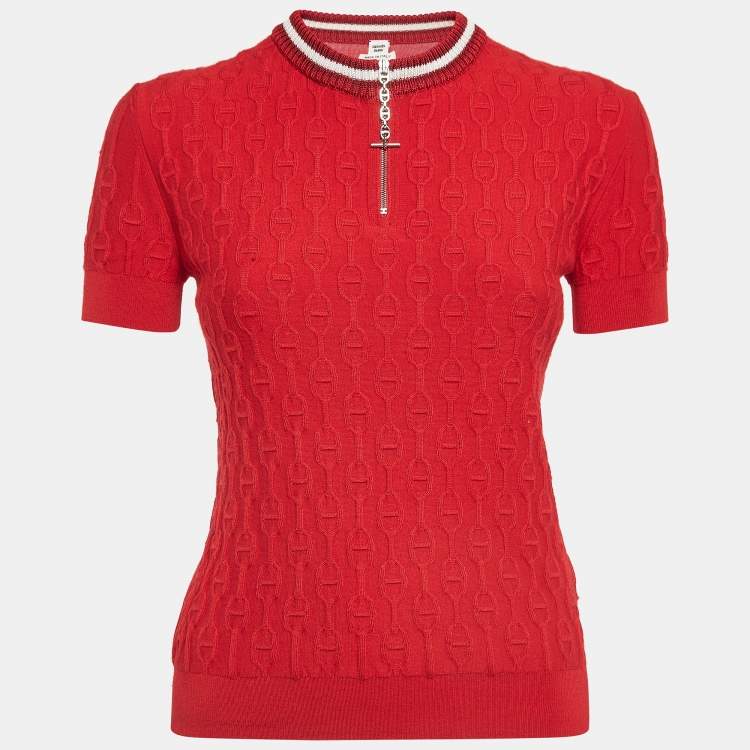 Pre Owned Hermès Red Textured Knit  Chaines d' Ancre Zipper Top S