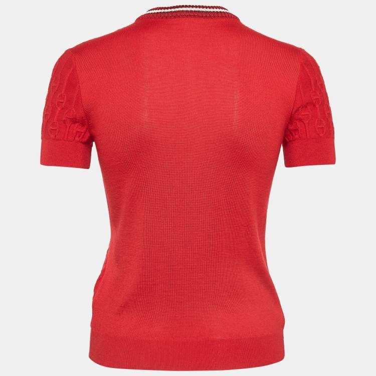 Pre Owned Hermès Red Textured Knit  Chaines d' Ancre Zipper Top S