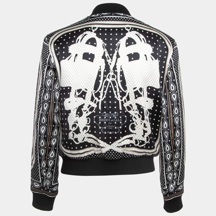 Pre Owned Hermès Black Print Silk Satin Zip Front Biker Jacket S