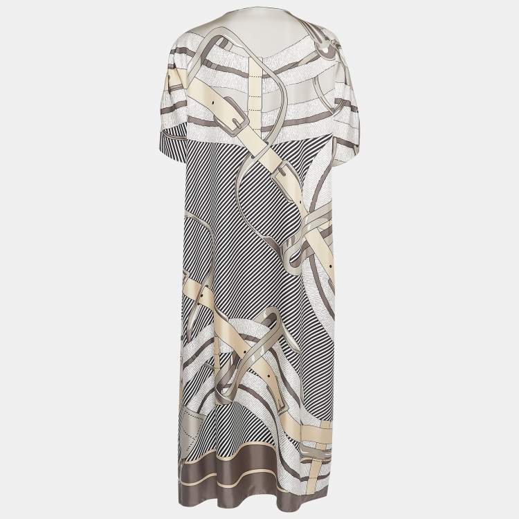 Pre Owned Hermès Grey Printed Silk Oversized Midi Dress S
