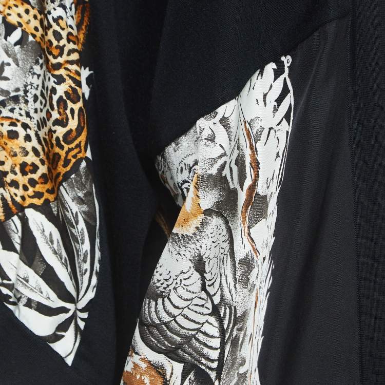 Pre Owned Hermes Black Animal Print Silk & Knit Trim Long Twillaine Cardigan M