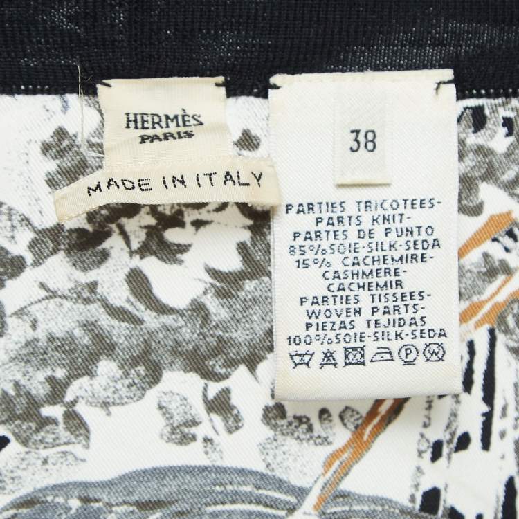 Pre Owned Hermes Black Animal Print Silk & Knit Trim Long Twillaine Cardigan M