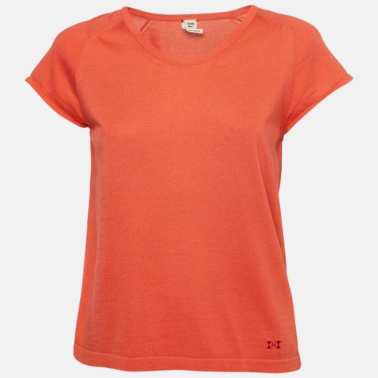 Pre Owned Hermes Coral Pink Knit Raglan Sleeve Top M