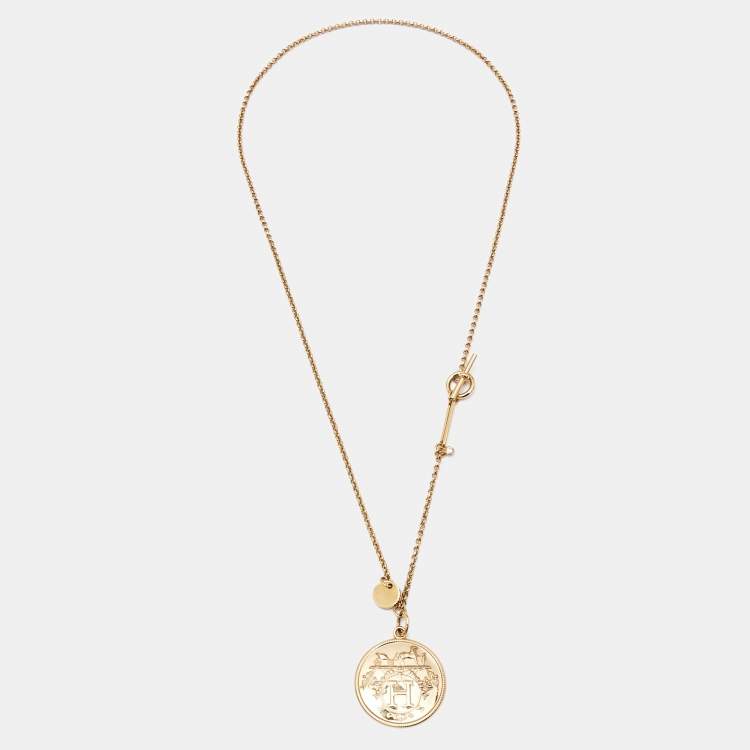 Pre Owned Hermès Ex-Libris Diamond 18k Rose Gold Small Model Pendant Necklace