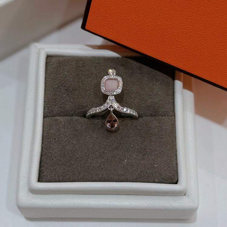 Pre Owned Hermes Pink Opal and Tourmaline 18K White Gold Diamond Ring EU 52