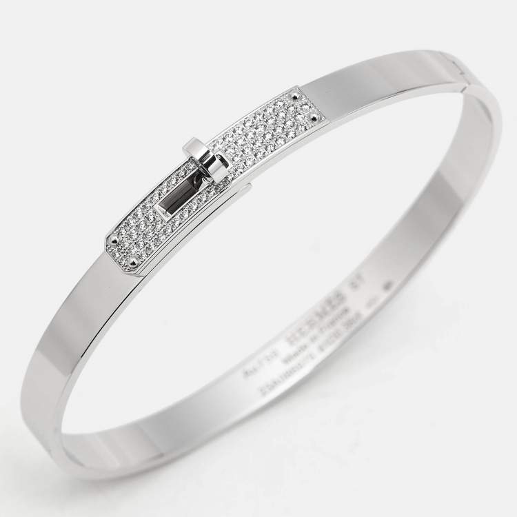 Pre Owned Hermes Kelly Diamond 18k White Gold Small Model Bangle Bracelet ST