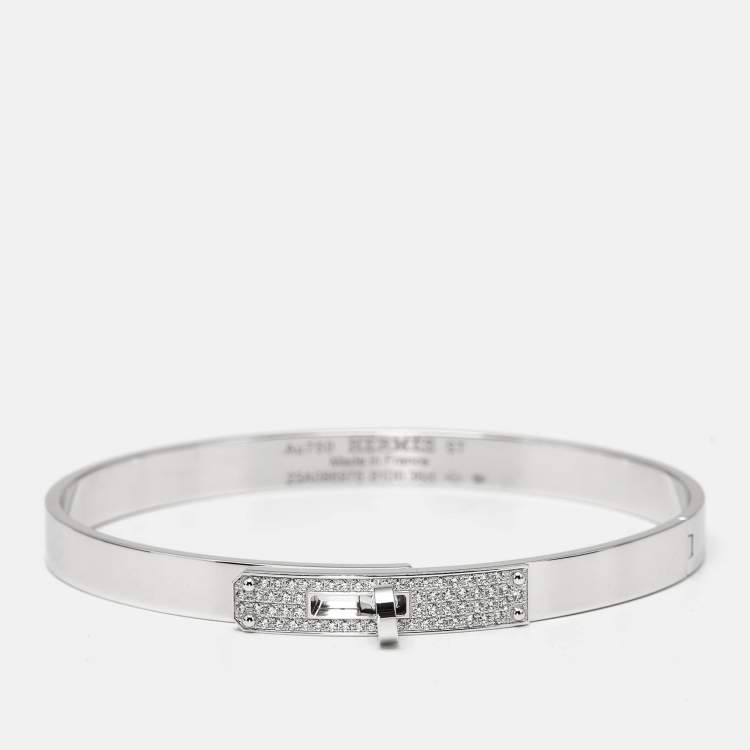 Pre Owned Hermes Kelly Diamond 18k White Gold Small Model Bangle Bracelet ST