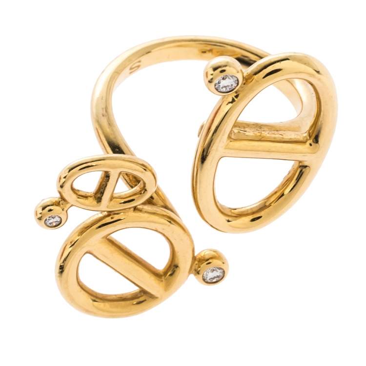 Pre Owned Hermes Chaîne d'Ancre Diamond 18K Yellow Gold Open Ring Size 53