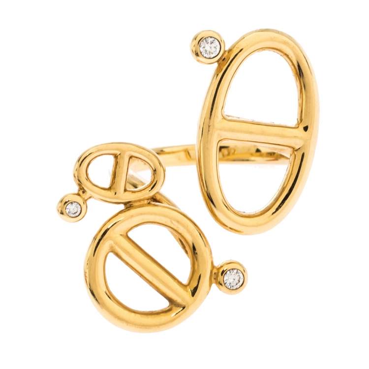 Pre Owned Hermes Chaîne d'Ancre Diamond 18K Yellow Gold Open Ring Size 53