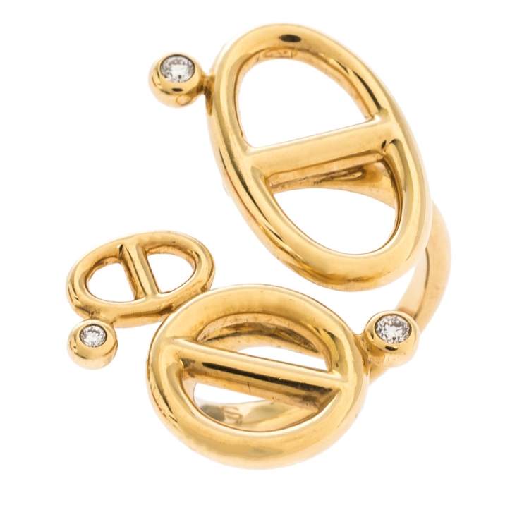 Pre Owned Hermes Chaîne d'Ancre Diamond 18K Yellow Gold Open Ring Size 53