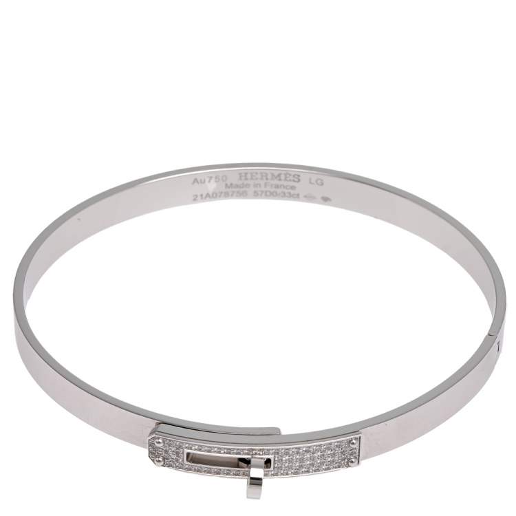 Pre Owned Hermes Kelly Diamond 18k White Gold Cuff Bracelet LG