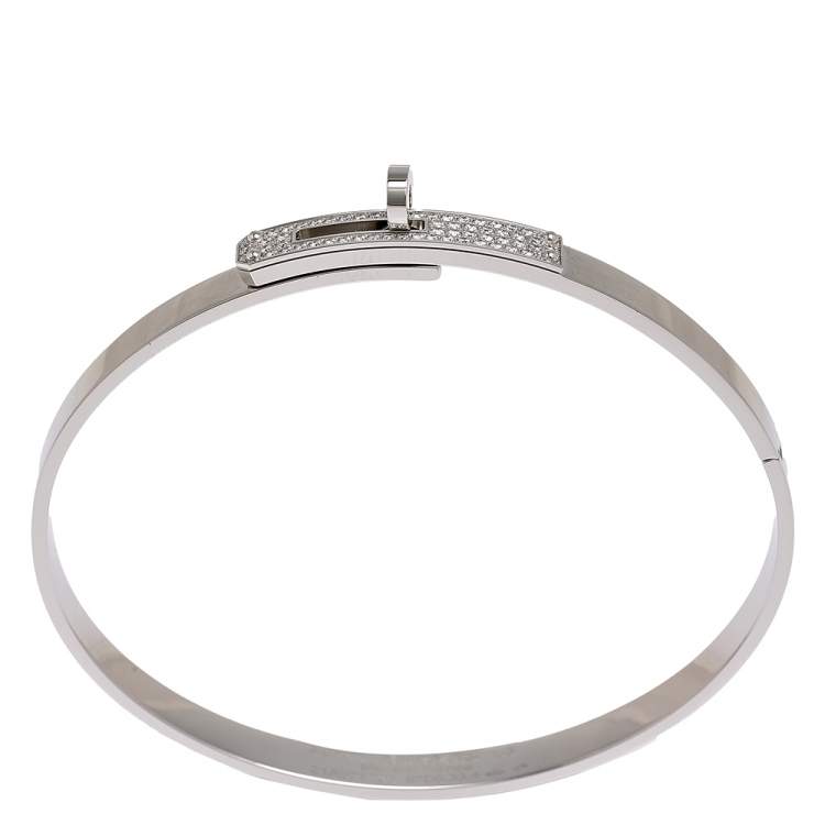 Pre Owned Hermes Kelly Diamond 18k White Gold Cuff Bracelet LG
