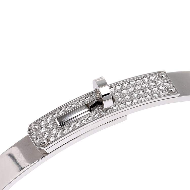 Pre Owned Hermes Kelly Diamond 18k White Gold Cuff Bracelet LG
