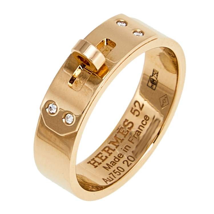 Pre Owned Hermes Kelly Diamonds 18k Rose Gold Small Model Band Ring Size 52