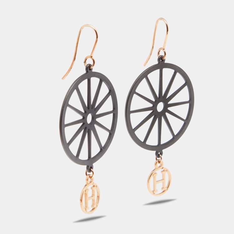 Pre Owned Hermes Crazy Calèche Silver & 18K Rose Gold Long Hook Earrings